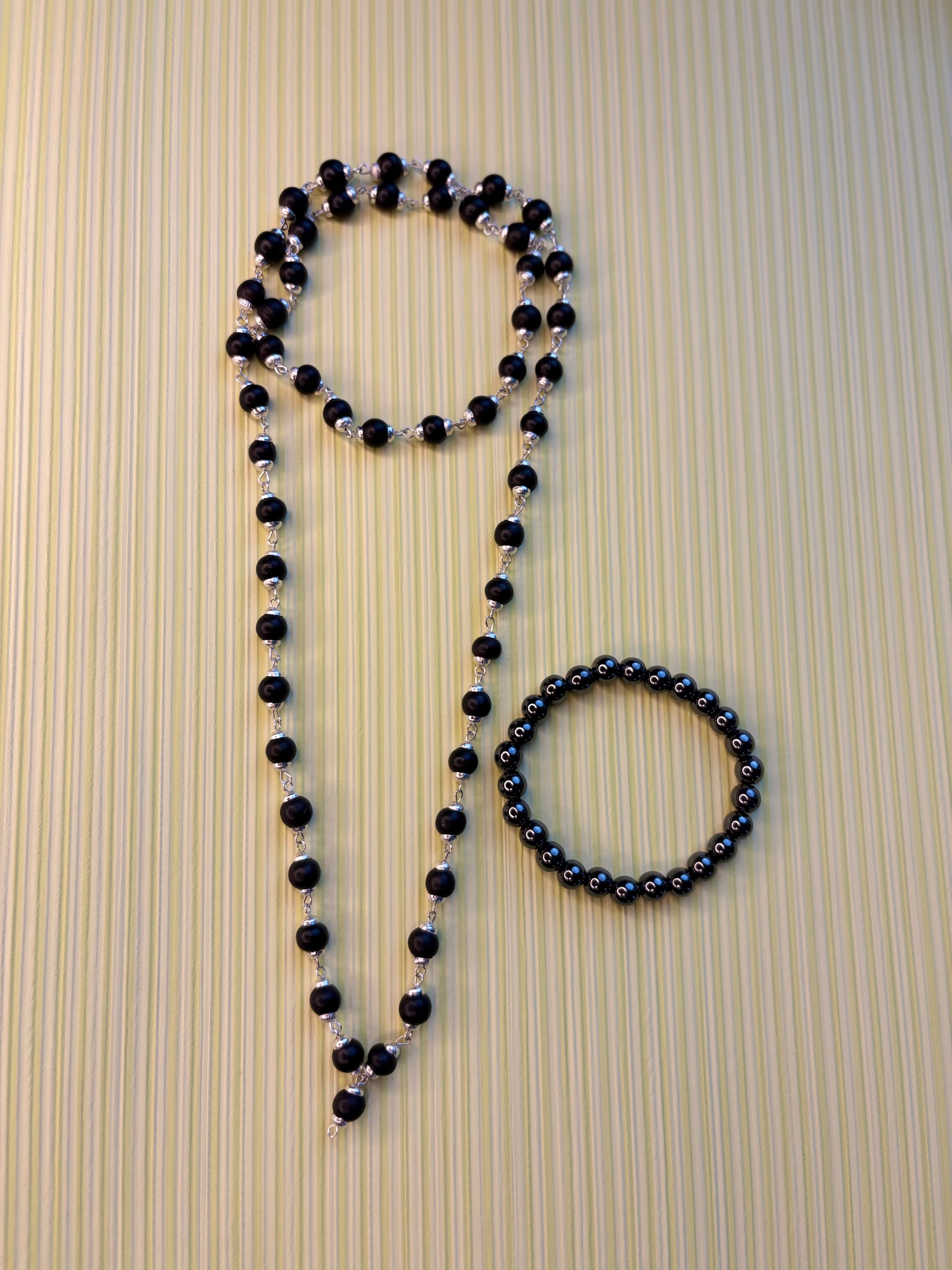 Silver Capped Karungali Mala with FREE Hematite Bracelet