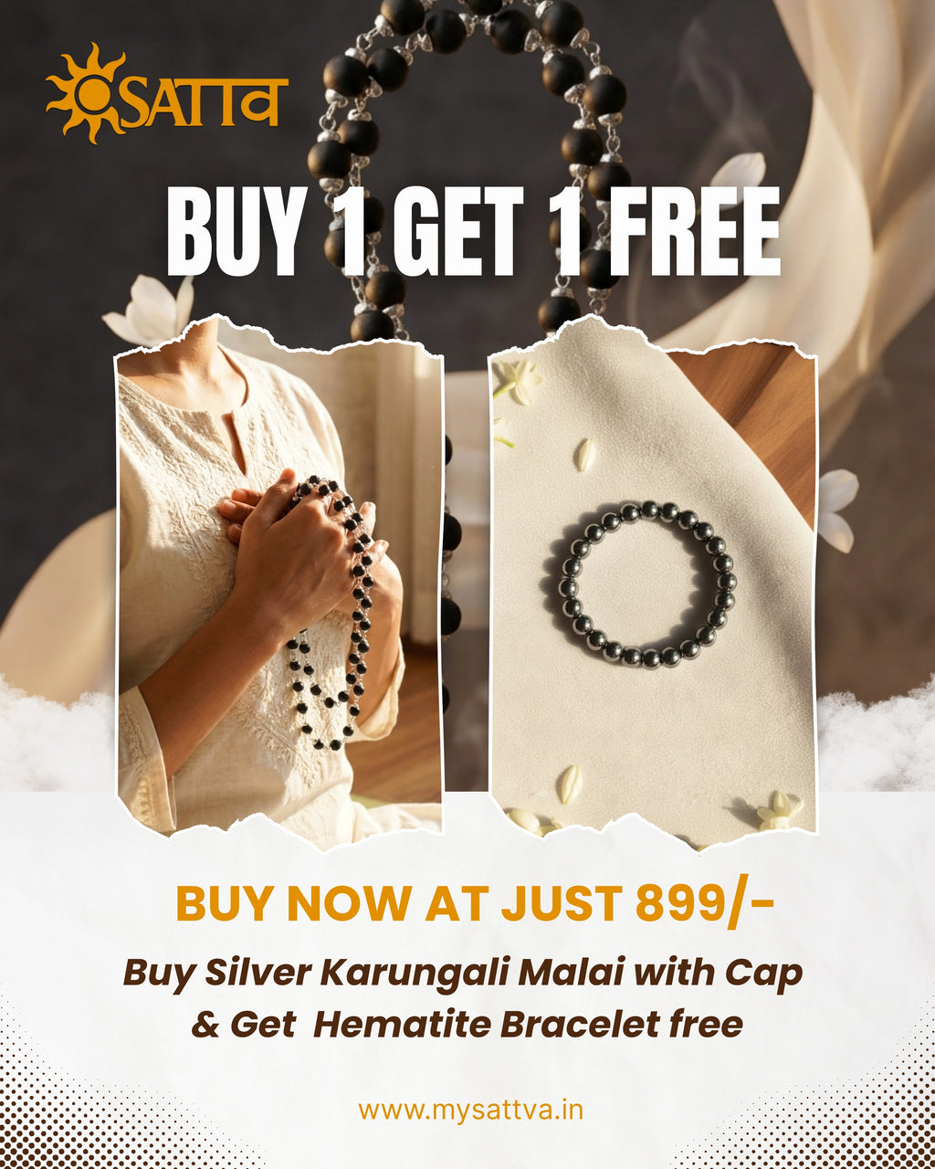 Silver Capped Karungali Mala with FREE Hematite Bracelet